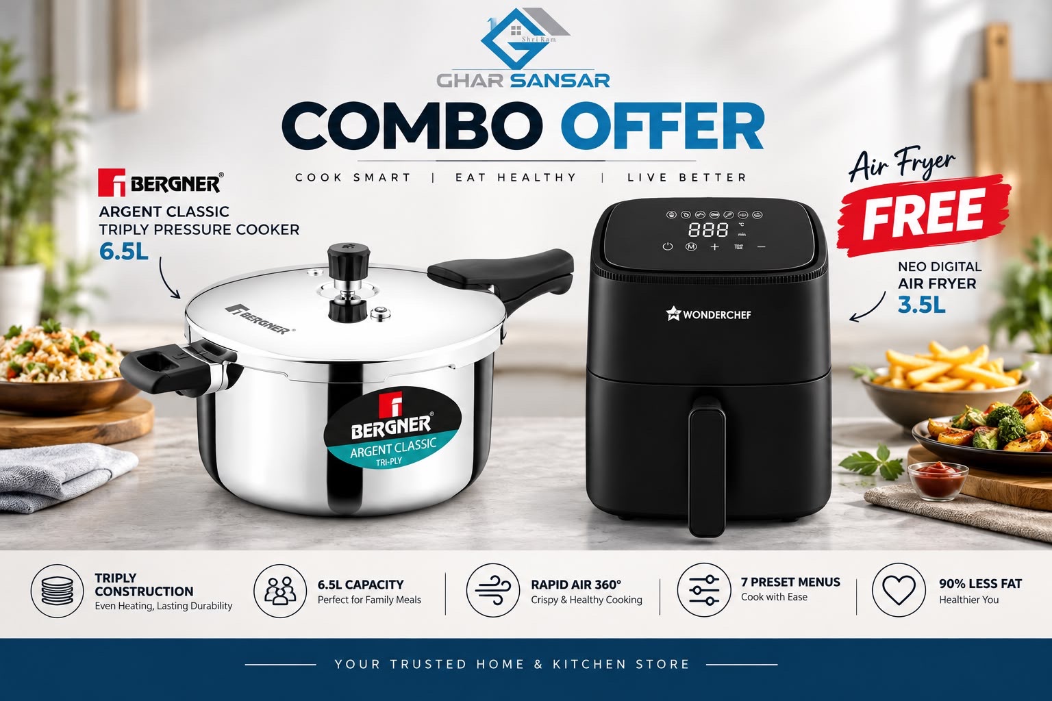 Bergner 6.5L Argent Classic Triply Cooker + Wonderchef 3.5L Digital Air Fryer Combo