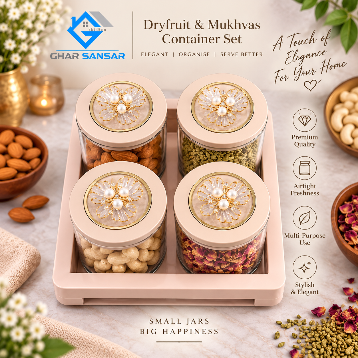 Premium Glass Dry Fruit & Mukhvas Container Set with Decorative Floral Lids – 4 Piece Set ( Pestal Pink) - Image 2
