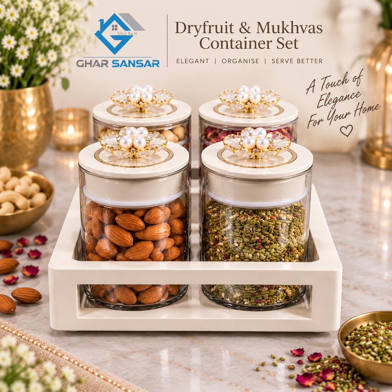 Premium Glass Dry Fruit & Mukhvas Container Set with Decorative Floral Lids – 4 Piece Set ( White)