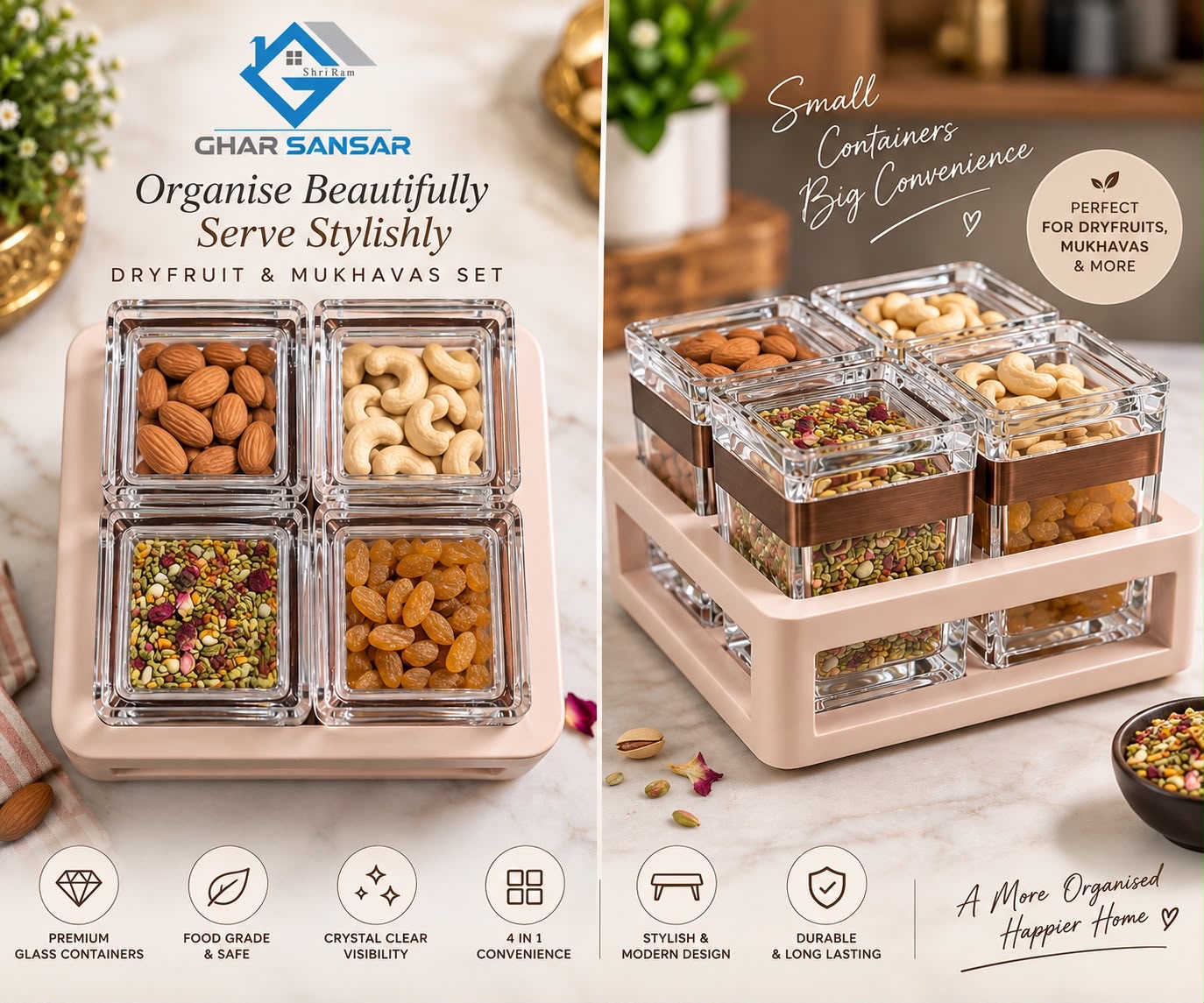 Premium Acrylic Dry Fruit & Mukhavas Container Set | 4-Piece Storage & Serving Set - Image 2