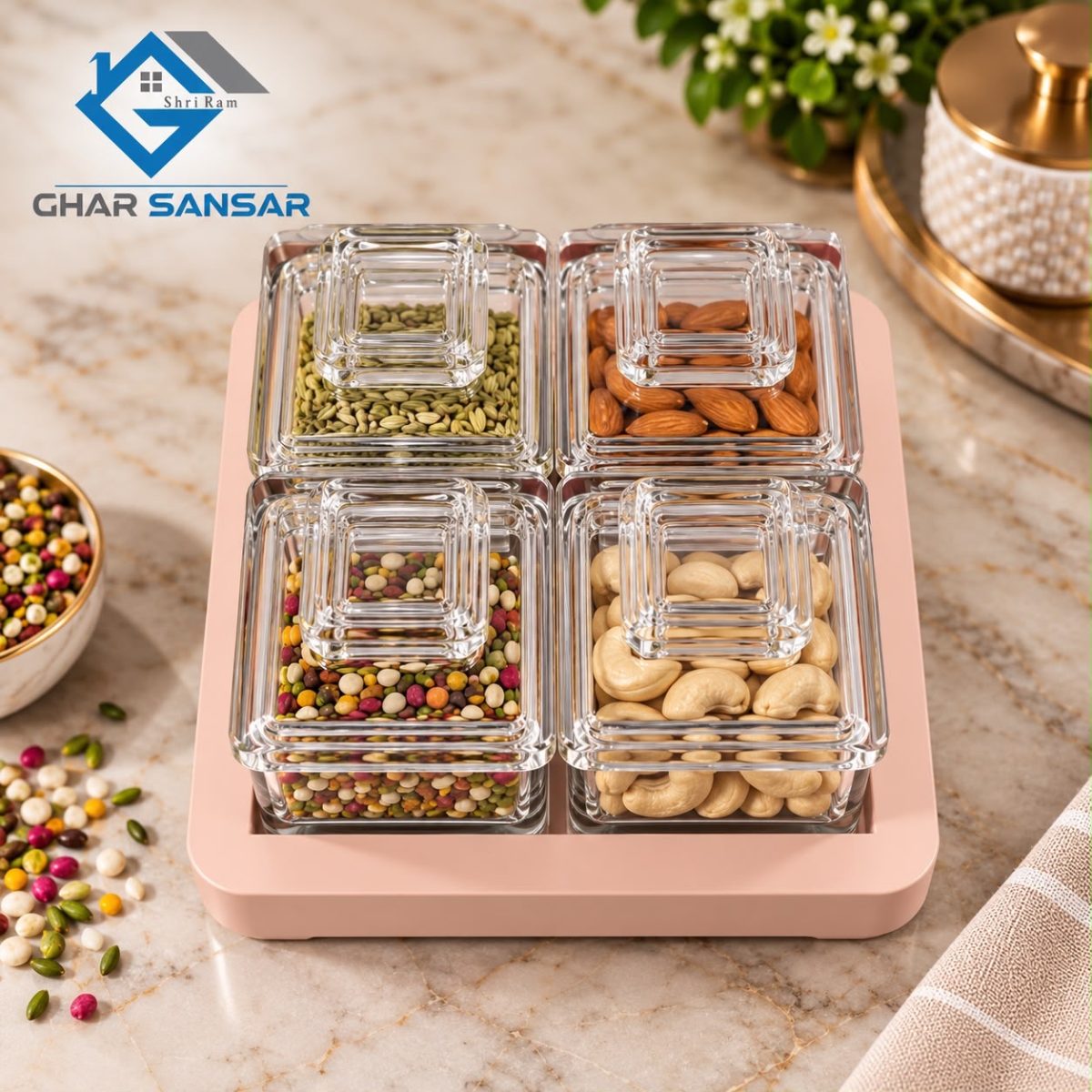 Premium Acrylic Dry Fruit & Mukhavas Container Set with Organizer Tray – 4 Piece