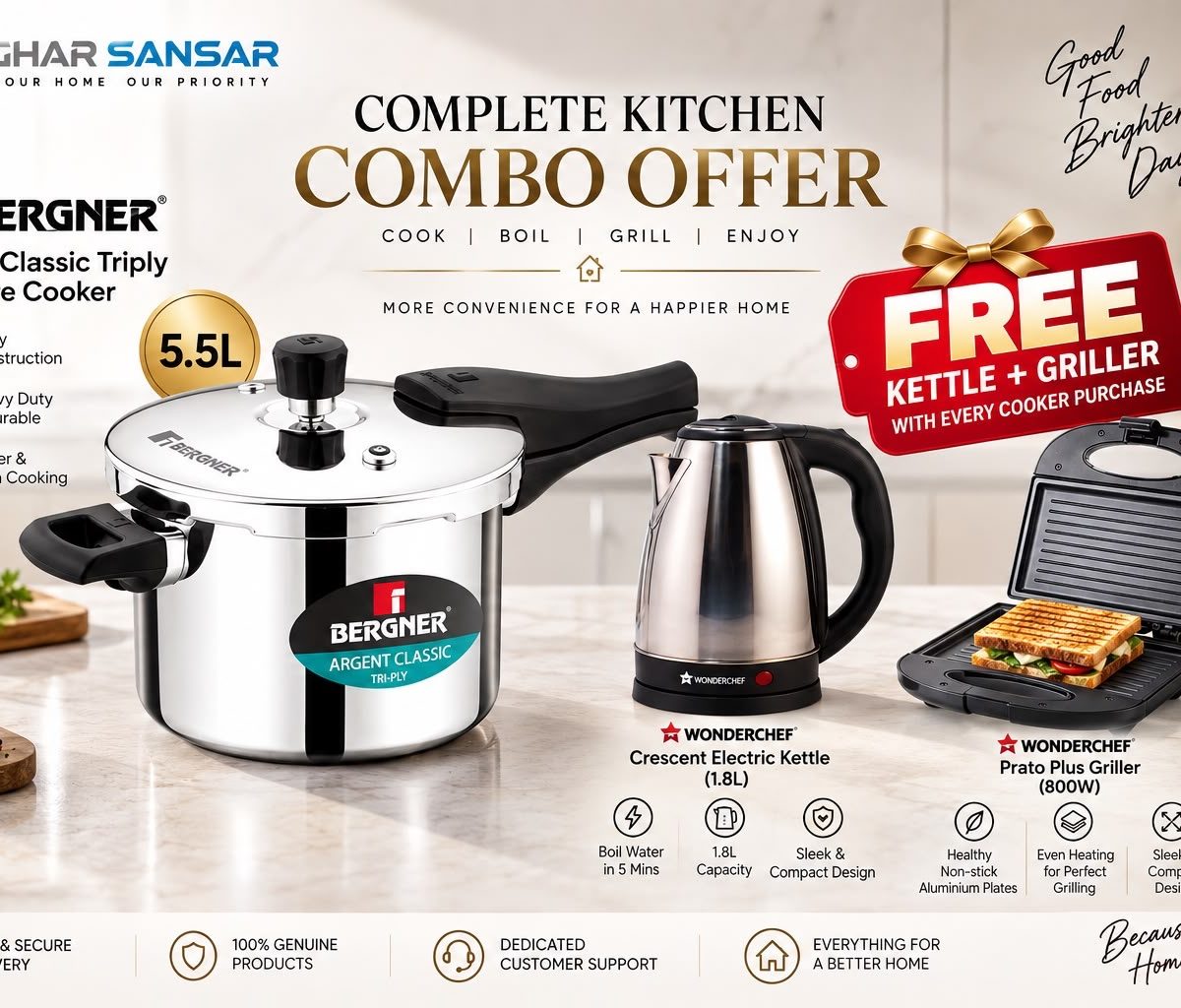 Bergner Argent Classic 5.5 litre Cooker + Wonderchef Kettle and Wonderchef Griller