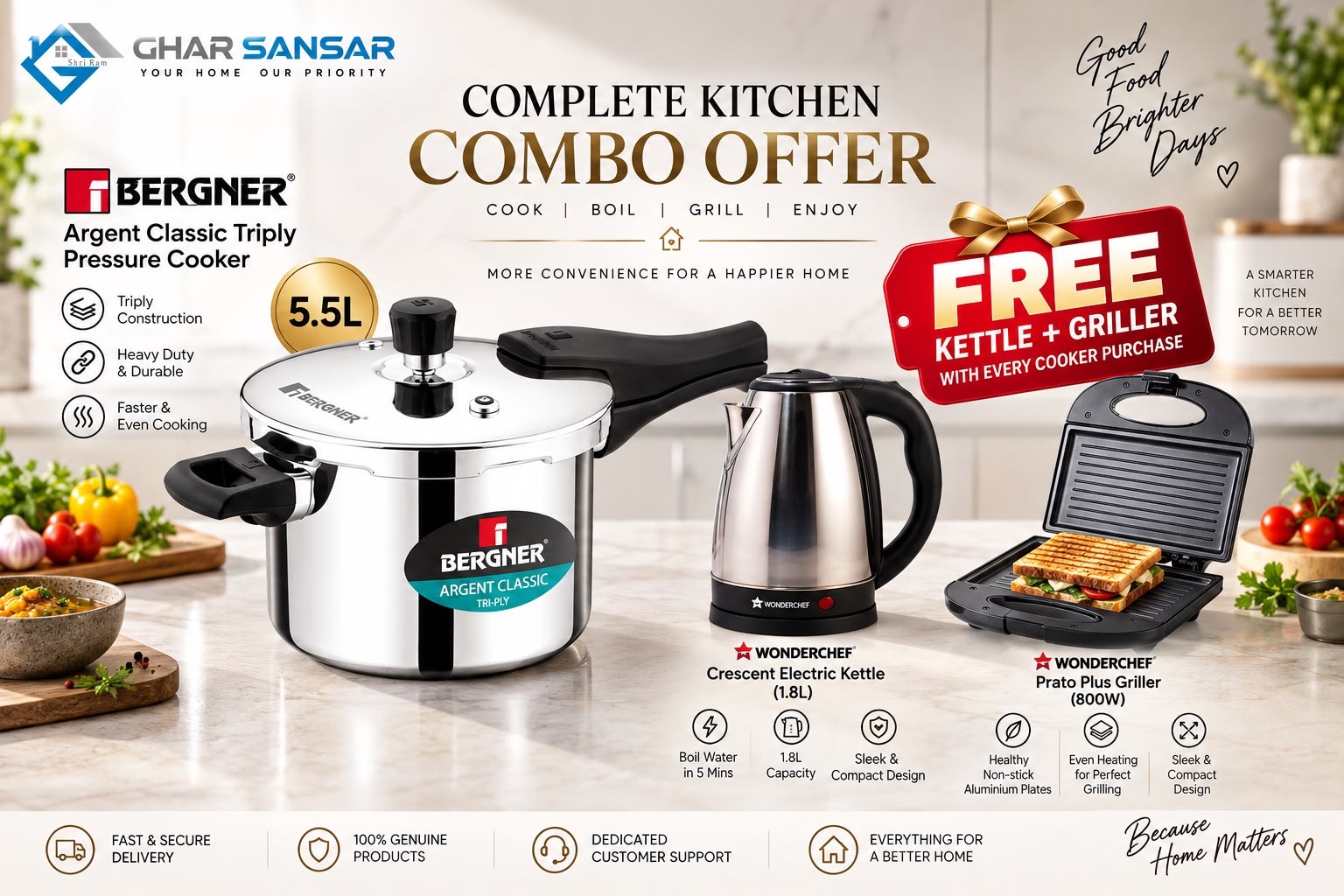 Bergner Argent Classic 5.5 litre Cooker + Wonderchef Kettle and Wonderchef Griller