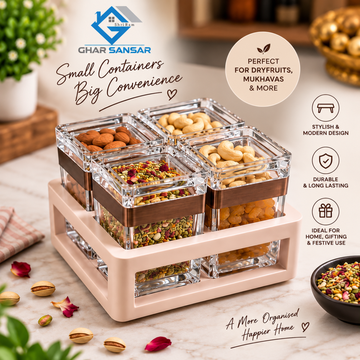 Premium Acrylic Dry Fruit & Mukhavas Container Set | 4-Piece Storage & Serving Set
