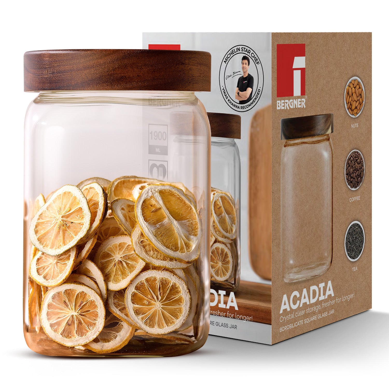 Acadia 1900ml Square Borosilicate Glass Jar with Wooden Lid - Image 3