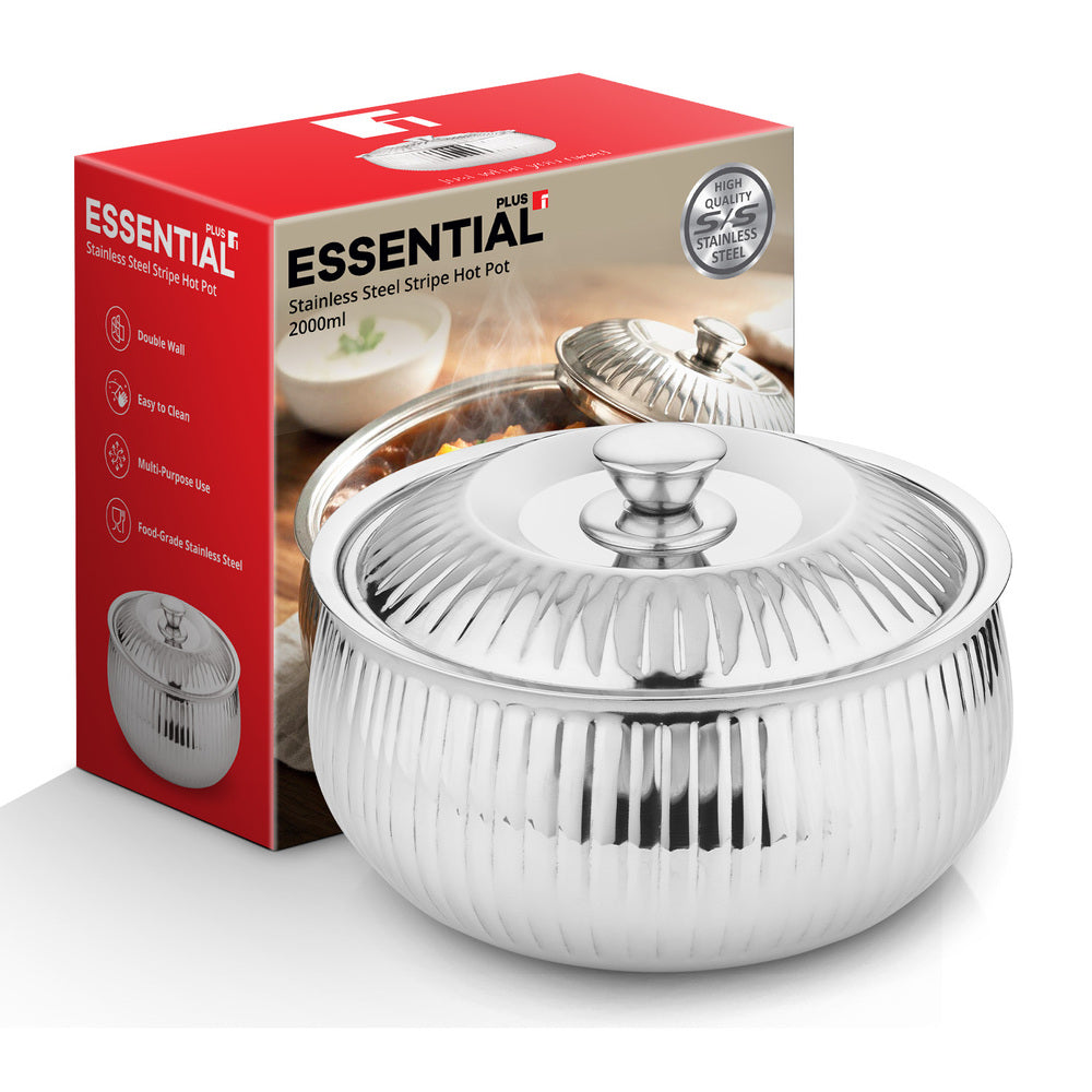 Essential Plus Stainless Steel Stripe Double Wall Insulated Hot Pot (Casserole) 2000ml
