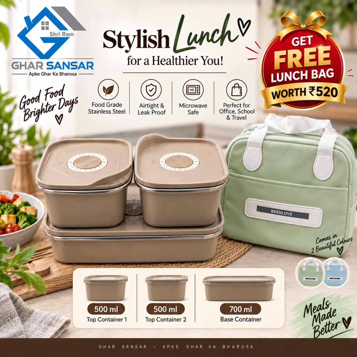 Premium Stainless Steel Lunch Container Set with Free Lunch Bag | Ghar Sansar