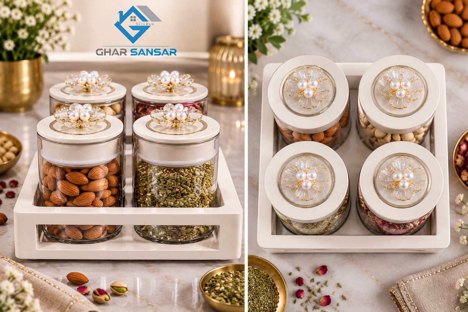 Premium Glass Dry Fruit & Mukhvas Container Set with Decorative Floral Lids – 4 Piece Set ( White) - Image 2