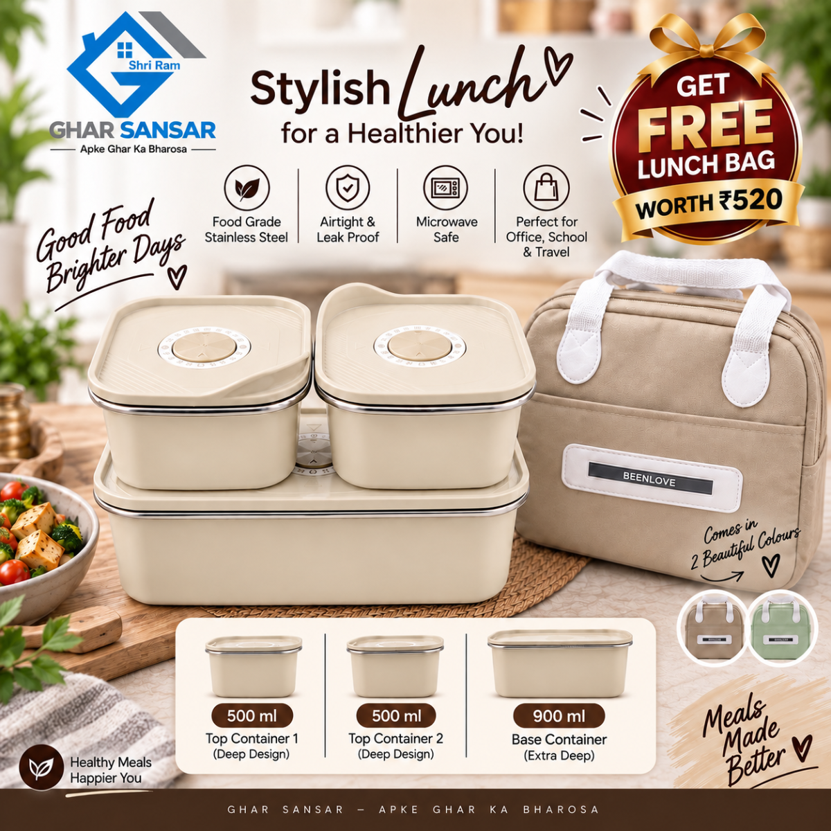 Premium Stainless Steel Deep Lunch Container Set with Free Lunch Bag | Ghar Sansar