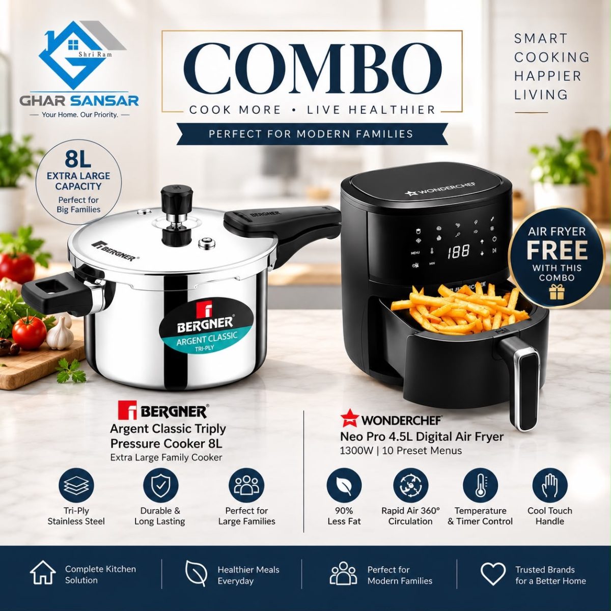 Bergner 8L Triply Cooker & Wonderchef 4.5L Digital Air Fryer Combo