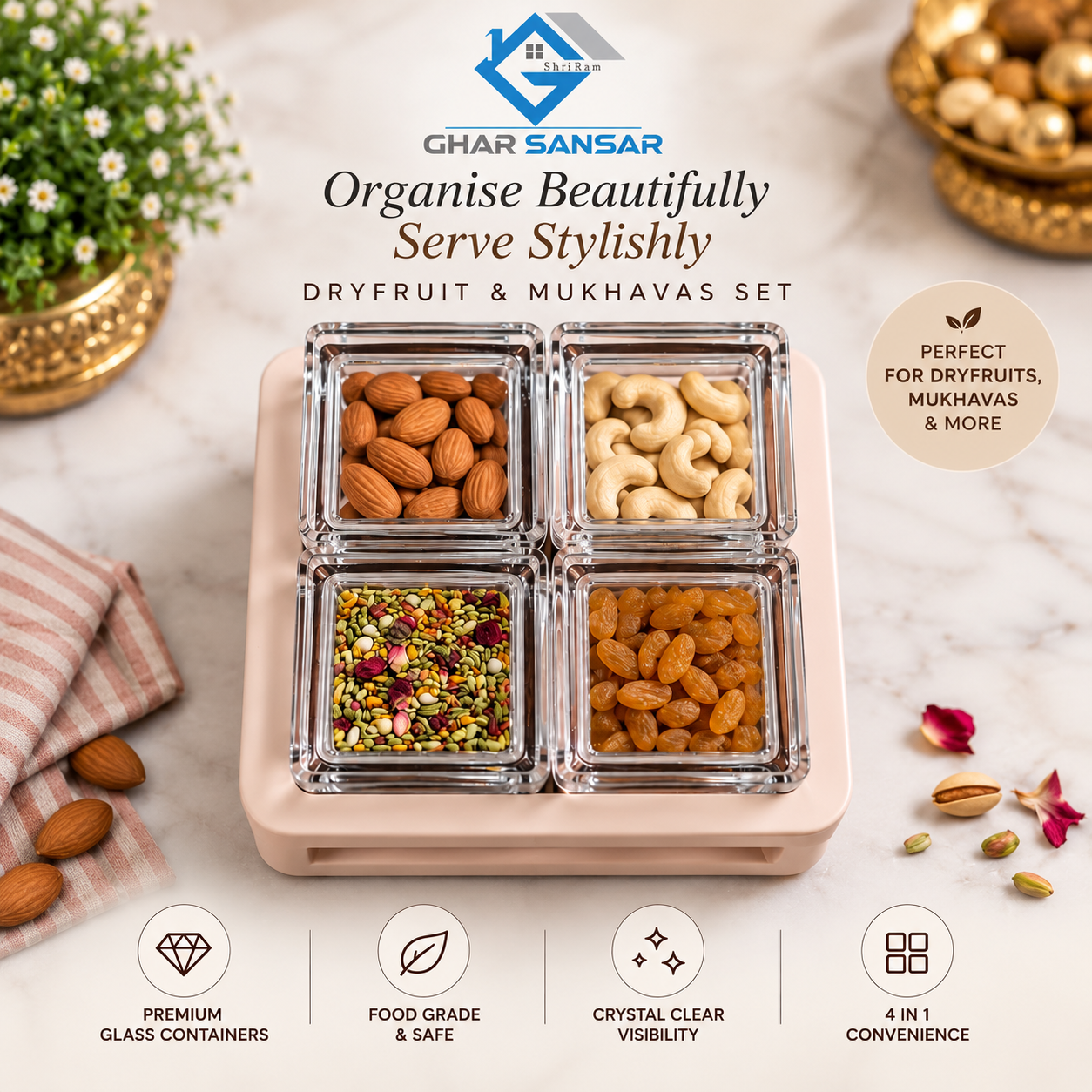 Premium Acrylic Dry Fruit & Mukhavas Container Set | 4-Piece Storage & Serving Set - Image 3