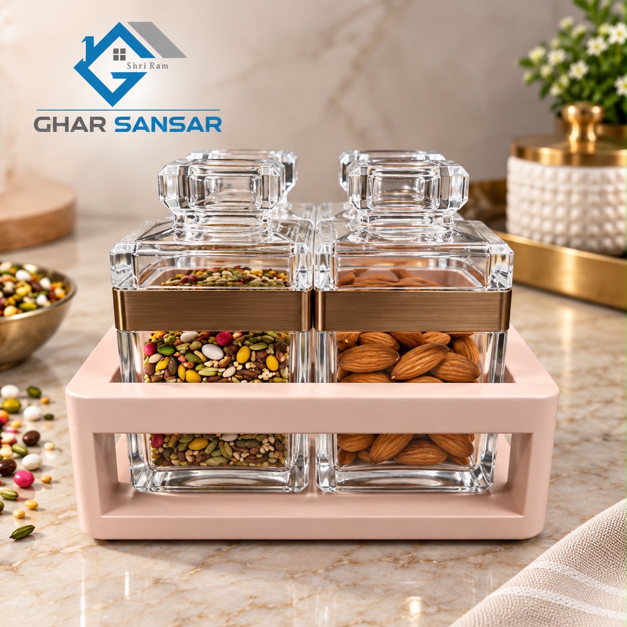 Premium Acrylic Dry Fruit & Mukhavas Container Set with Organizer Tray – 4 Piece - Image 2