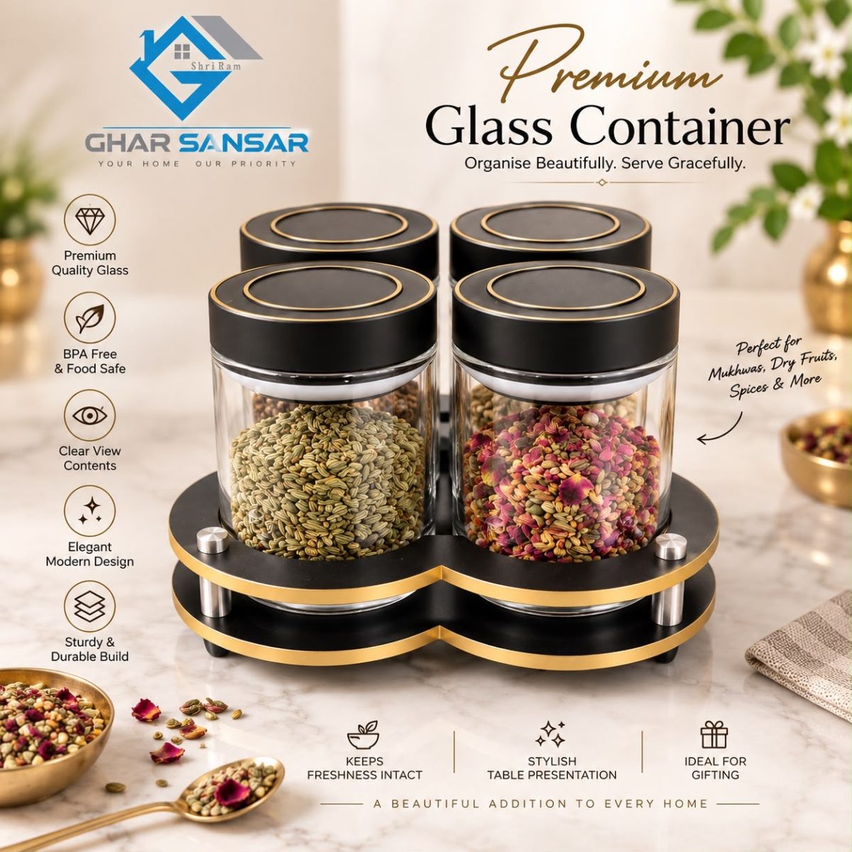 Premium Glass Storage Containers with Elegant Black & Gold Lid | Dry Fruit, Mukhwas & Spice Jars
