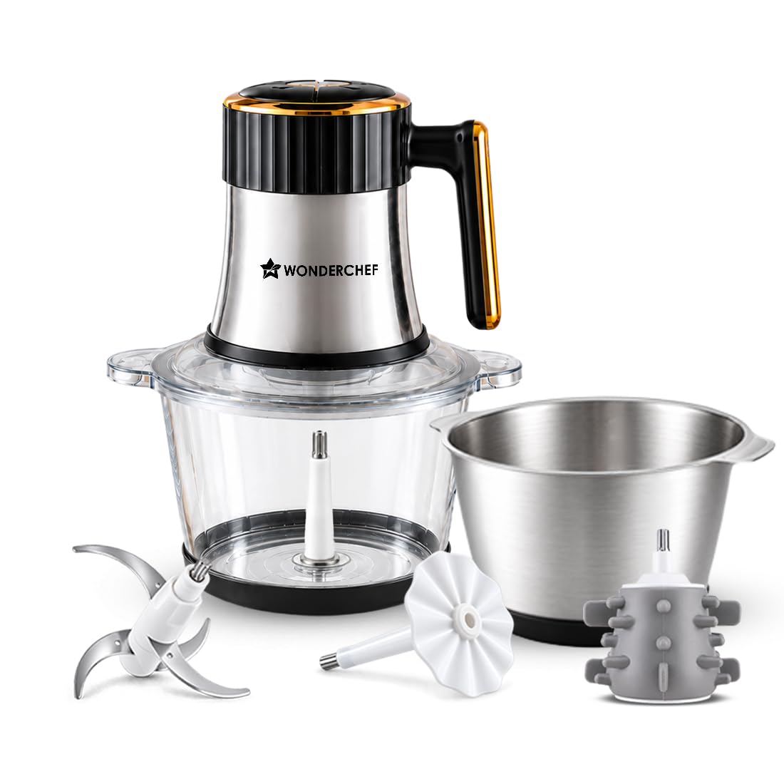 Wonderchef Maestro Neo Electric Chopper, Mincer, Peeler for Kitchen, 300W Motor, Sharp Stainless-steel Blades, Whisk and Garlic Peeler, 2 L SS Bowl, Use for Vegetables/Meat/Purees/Dips, 2-Yr Warranty