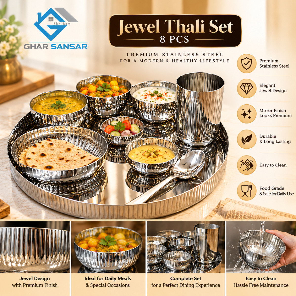 Jewel Thali Set 8 Pcs in Stainless Steel | Ghar Sansar