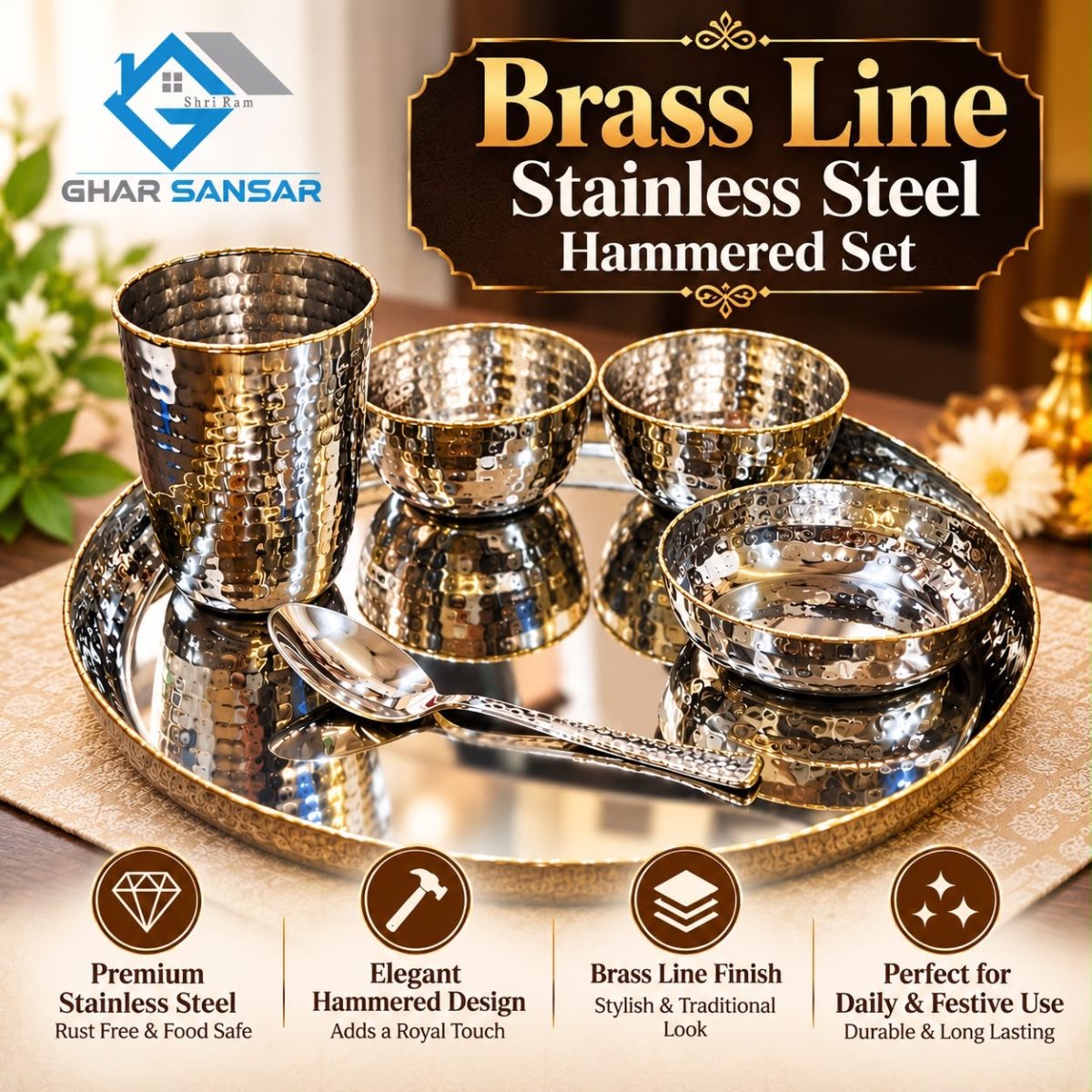 Brass Line Stainless Steel Hammered Set with Brass Finish | Ghar Sansar