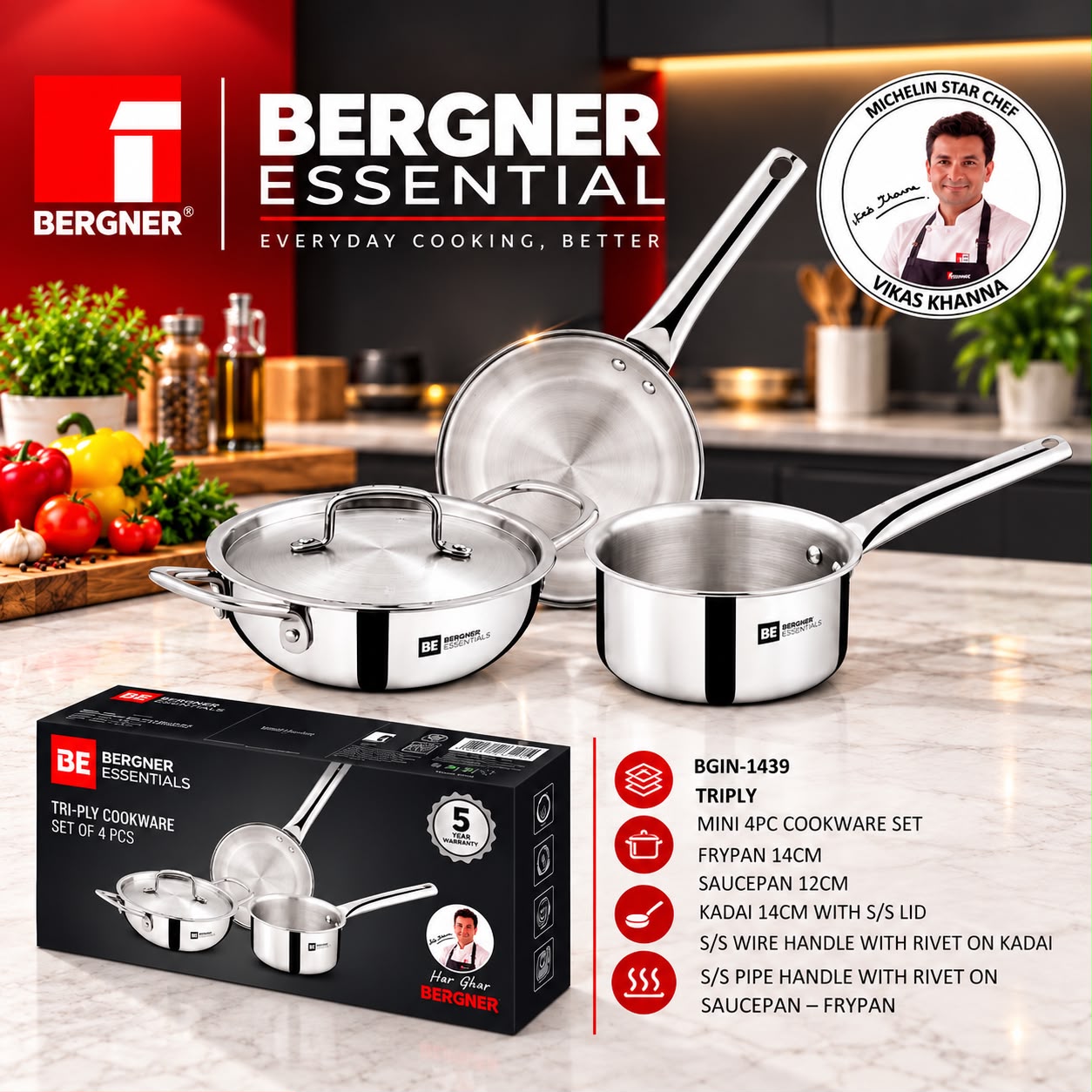 Bergner Essentials Triply Mini 4PC Cookware Set