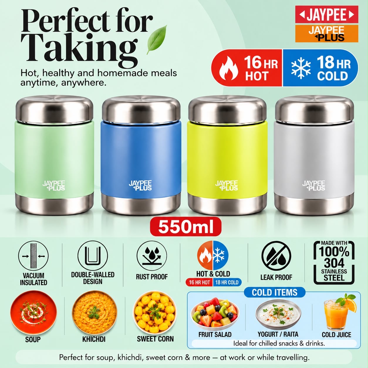 Jaypee Plus 550ml Stainless Steel Insulated Food Jar – Keeps Food Hot & Cold