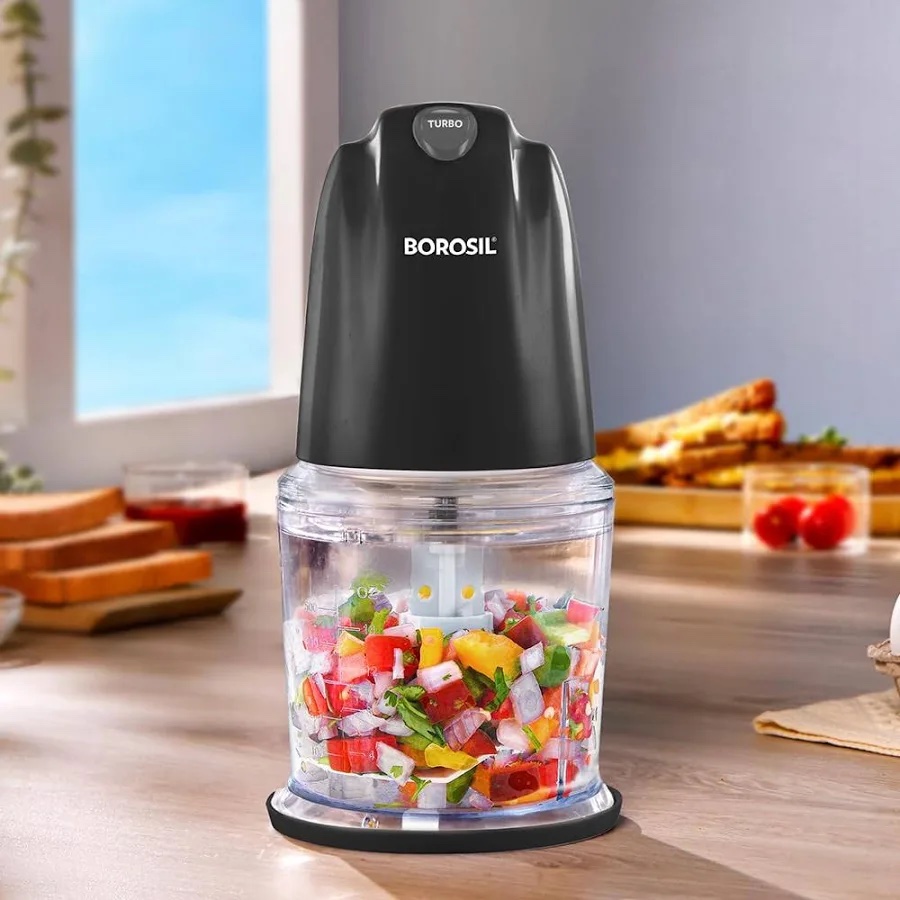 Borosil Chef Delite 260 Watts Electric Chopper for Kitchen, Twin Blade Technology, 500 ml 'chop-n-store' plastic bowl with lid, Vegetable Chopper, Black